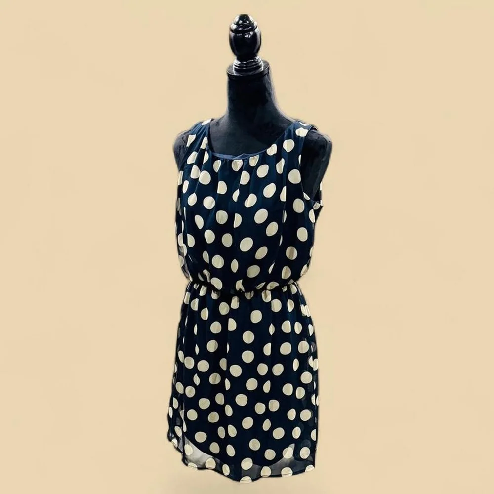 Polka Dot Office Preppy Retro Navy Tan Sheath Dress Medium